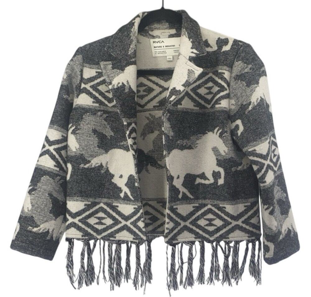 Equestrian Horse Western Blanket Jacket Black White Wool Blend Size Small RVCA